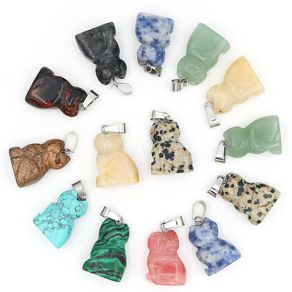 Charms Chakra Carved Cute Funny Cat Animal Natural Crystal Quartz Stone Cat Pendants For Jewelry Making