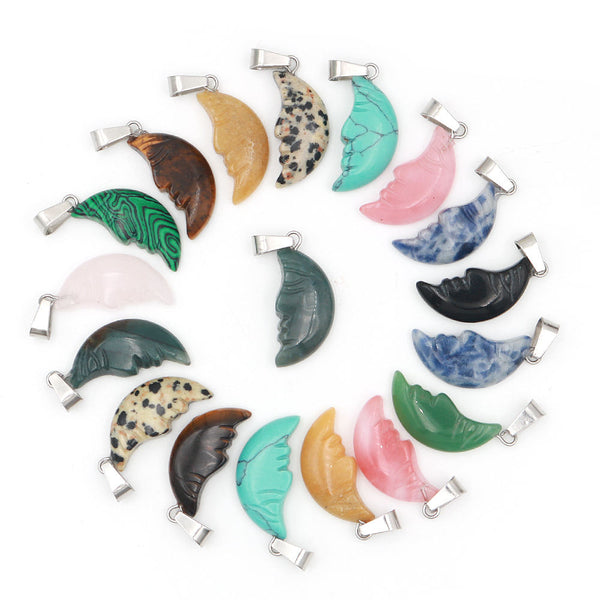 Charms Chakra Carving Moon Face Necklace Pendant Natural Healing Stone Moon Crystal Pendant Charms For Jewelry Making